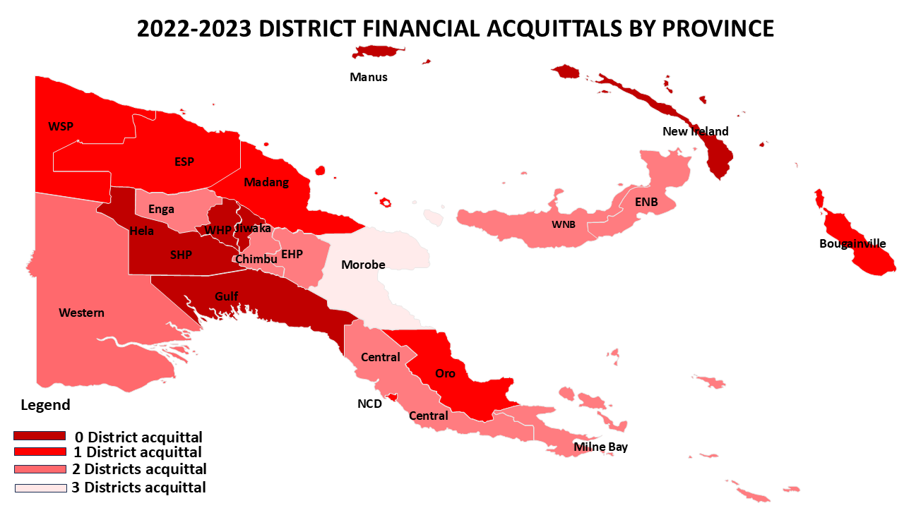 Map showing the number districts who have submitted 2022-2023 financial acquittals by province as of July 2024